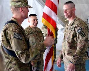 Command Sgt. Maj. Harold Dunn (right),Task Force Paladin Command Sergeant Major, speaks with Soldiers in Afghanistan.  